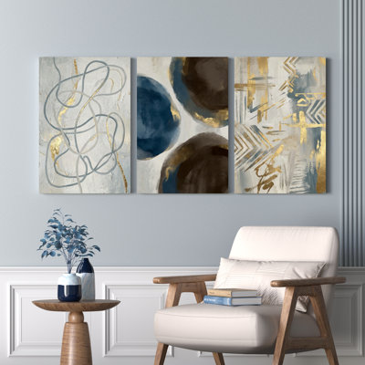 Abstract Blue Gold And Brown Canvas Wrapped Wall Art Set Of 3 For Living Room Bedroom Home Decor