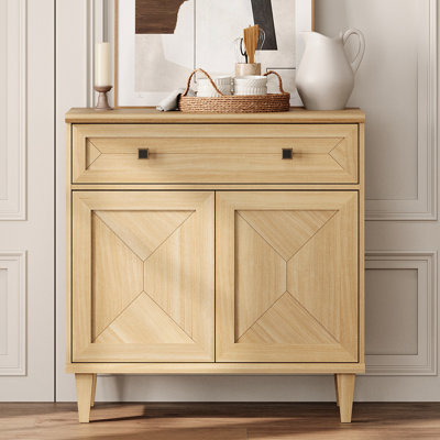Buffet Mid-Century moderne avec tiroir, buffet en bois patchwork fabriqué à la main, crédence décorative avec pieds fuselés en bois massif et porte escamotable, armoire de rangement pour salle à manger, cuisine, salon, chêne naturel