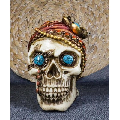 New Orleans Bayou Madame Lalaurie Skull With Turquoise Rocks Money Bank Figurine