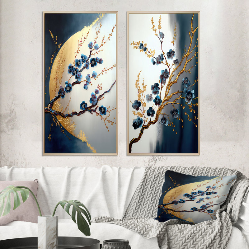 «Blue Cherry Blossom Branch IV», 2 pièces sur toile, H 32 po x l 32 po, Encadrement brun