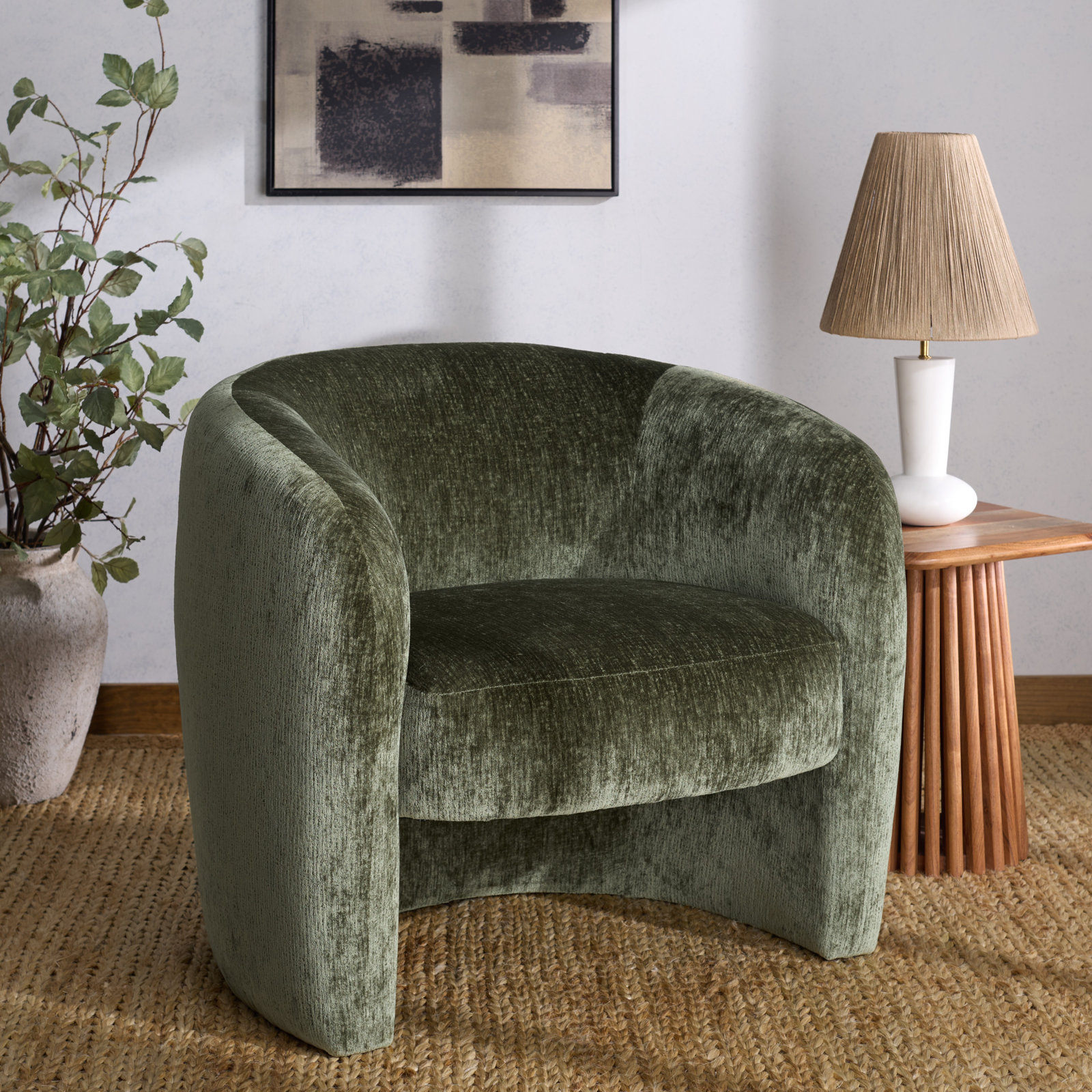 Solace Pine Barrel Chair, Olive Green Chenille