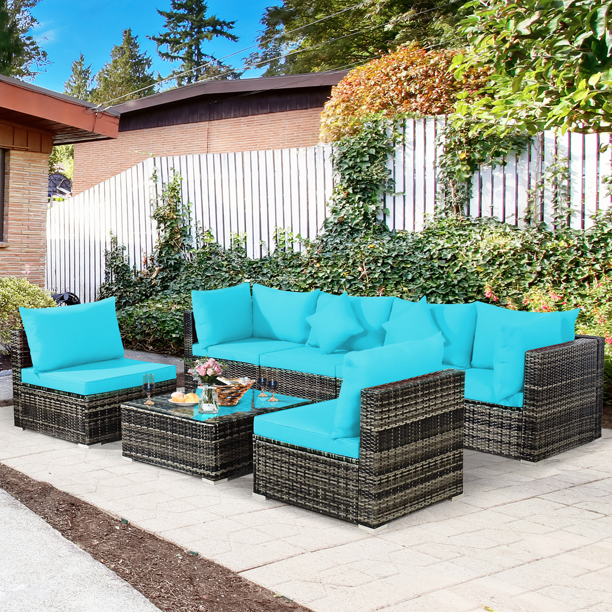 Latitude Run® 7pcs Patio Rattan Furniture Set Sectional Sofa