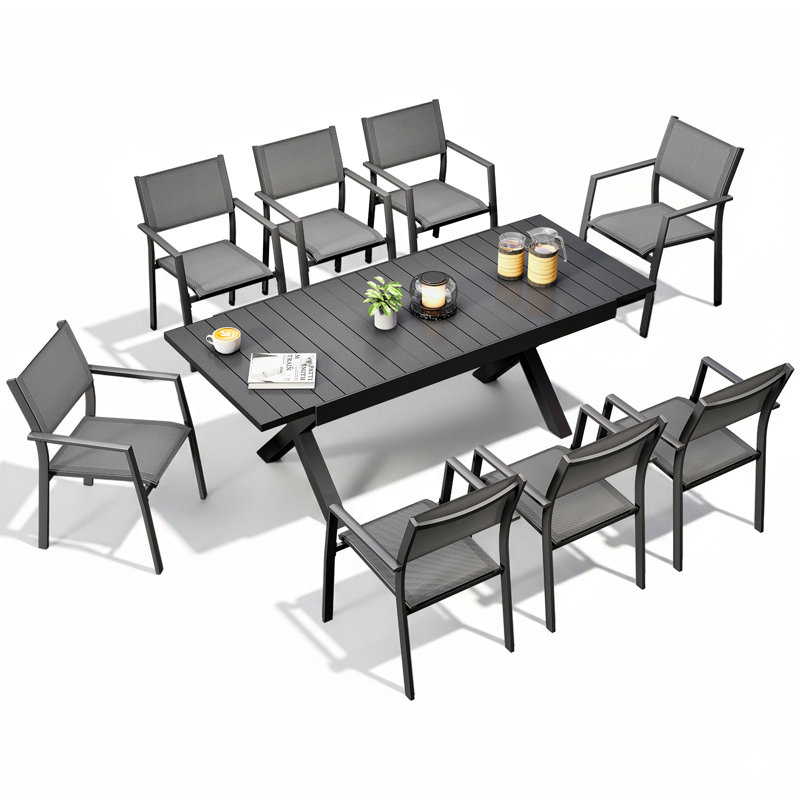 Ensemble de salle à manger extensible 9 pièces pour patio, table et chaises empilables en aluminium antirouille pour 8 personnes, idéal pour terrasse, jardin ou intérieur. Couleur : noir.