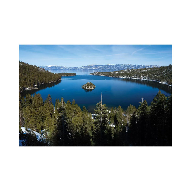 Trees At Lakeshore With Mountain Range In The Background, Lake Tahoe, California, USA I 1 Piece Wrapped Canvas Wall Art