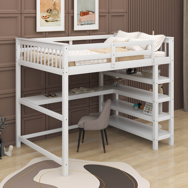Lit mezzanine double avec tablettes et bureau, Blanc