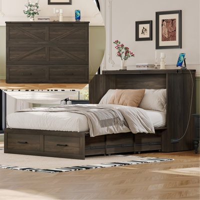 Lit double escamotable pleine grandeur avec station de charge, lit plateforme pliable avec grand tiroir de rangement pour chambre d'amis