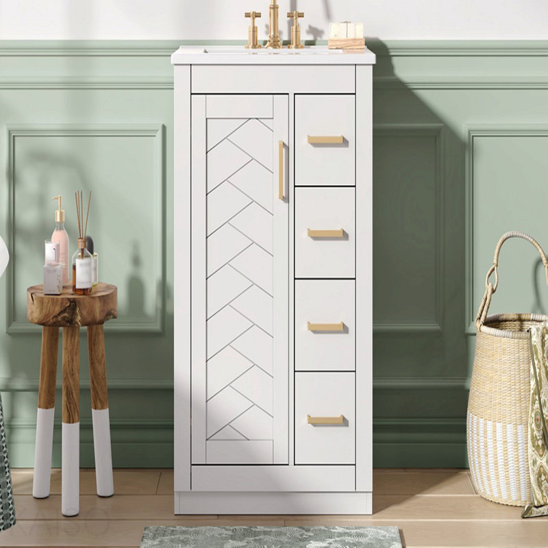 Meuble-lavabo 24 po avec lavabo intégré en céramique, meuble-lavabo simple avec 1 porte et 3 tiroirs pour salle de bain petite et moyenne, blanc