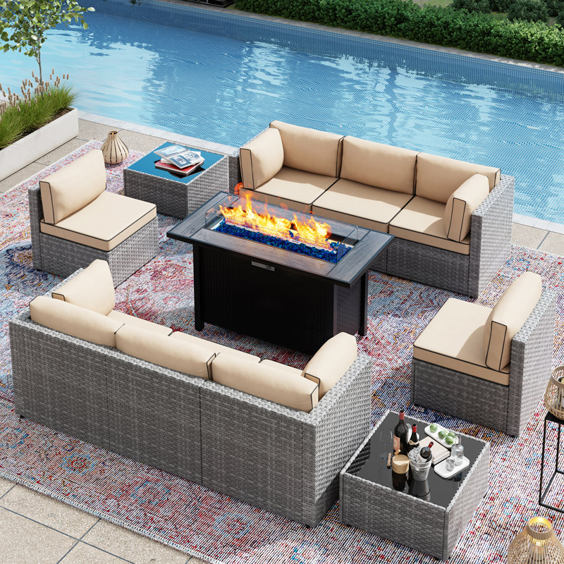 11-Piece Outdoor Furniture Seating Group with Fire Pit Table, Khaki, Silver