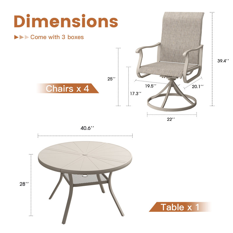 Aluminum Patio Dining Set with  Round Dining Table and 4 Swivel PVC-coated polyester  Dining Chairs, Cream/Sandshell