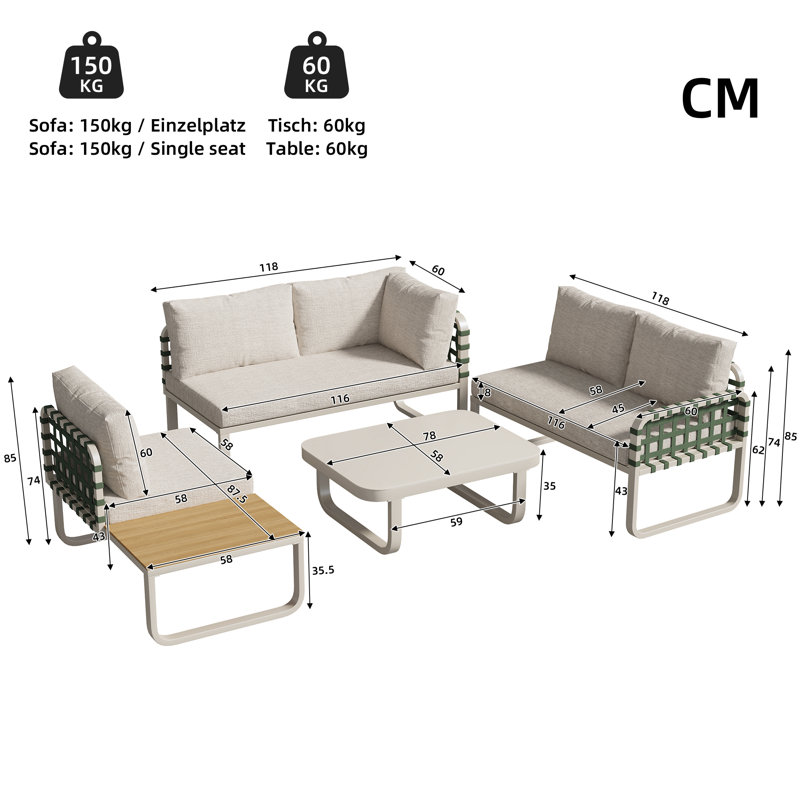4-5 Person Garden Lounge Set With Cushions  And Coffee Table Beige