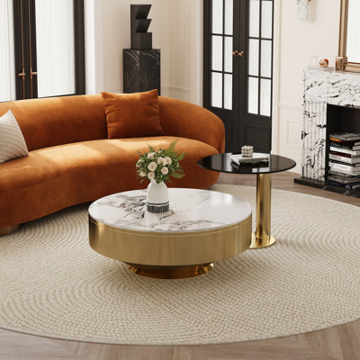 35" Round Metal and Sintered Stone Coffee Table Set with Matching Side Table, Modern Industrial Luxury Design