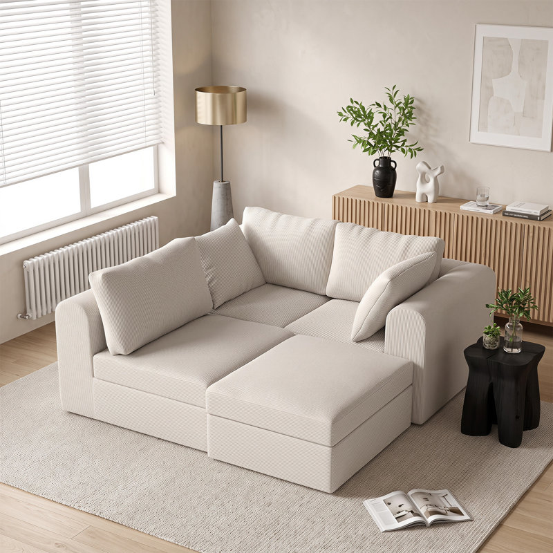 Canapé modulaire en velours côtelé en L 103,5 po pour salon, siège modulaire en velours côtelé avec repose-pieds, aucun assemblage requis (3 places + repose-pieds)