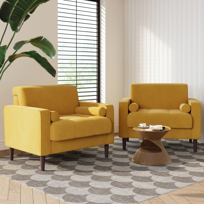 Iliana Upholstered Yellow Corduroy Square Arm Tufted Club Chair with 2 Pillows, Yellow Corduroy