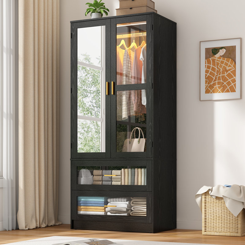 2-Door 71" H Armoire With LED Sensor Light, Acrylic Mirror, Drawers And Hanging Rod, Black
