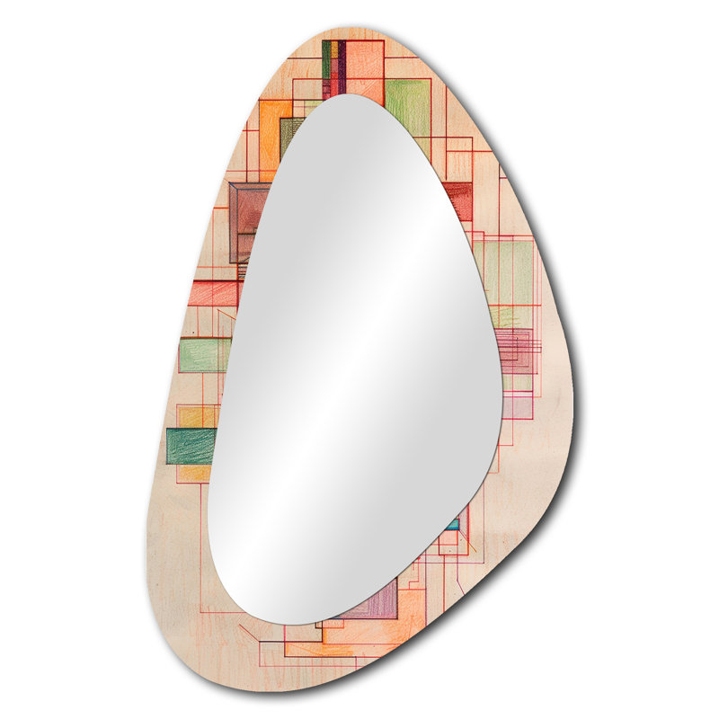 Rétro chevauchement Stillness I - miroir de forme unique géométrique, miroir mural asymétrique mauve, impression d'art en métal
