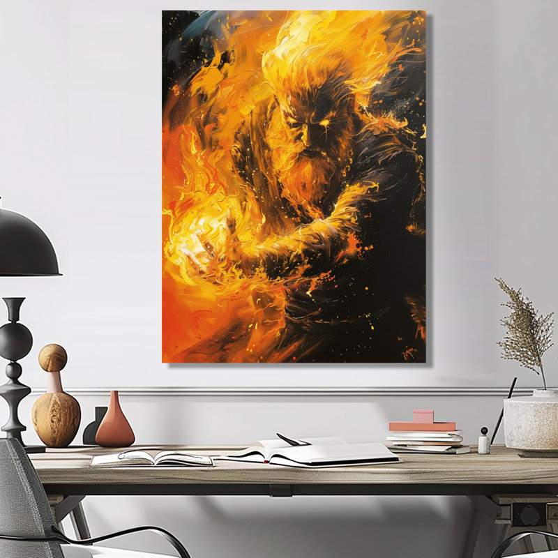 «Yellow Fire Giant Monster - Giants», art mural, Cadre flottant doré, bois massif, H 12 po x l 20 po