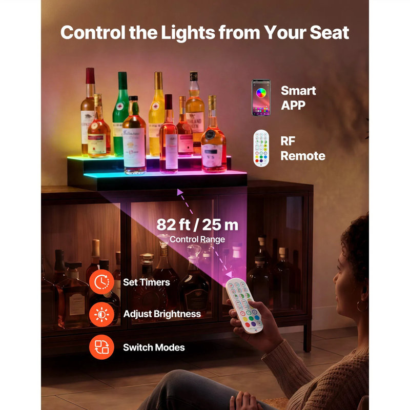 Présentoir à bouteilles 30 po à 2 niveaux avec éclairage à DEL, tablette de bar illuminée en acrylique alimenté par USB avec télécommande HF et contrôle des applications, 9 couleurs statiques et mode de minuterie pour 14 à 20 bouteilles