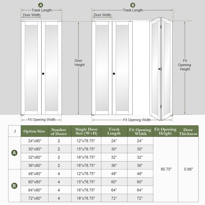 Porte pliante en verre miroitant et en bois manufacturé avec trousse de quincaillerie d'installation, 30 po x 80 po