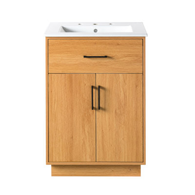 Meuble-lavabo de 24 po avec lavabo en céramique, armoire de salle de bain traditionnelle moderne avec rangement pratique, 2 portes, tablette réglable, tiroir rabattable, charnières à fermeture en douceur et poignées noires