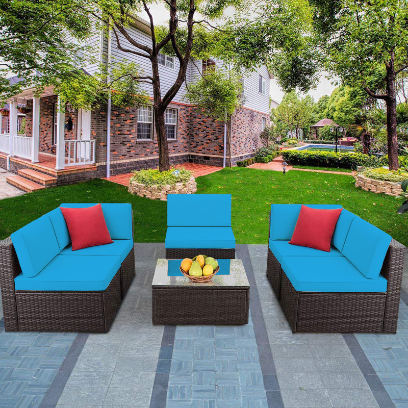 Ulibarri 5 - Person Modular Patio Conversation Set with Cushions, Blue/Red