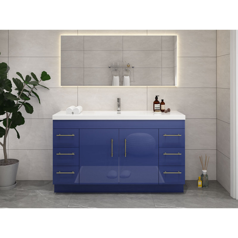 Ensemble de meuble-lavabo simple 59 po Carliss, Bleu nuit brillant, Argenté