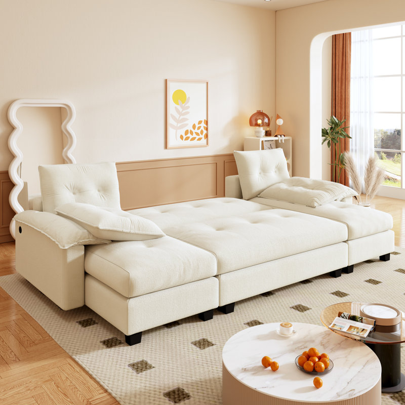 104.7" U-Shaped Upholstery Sleeper Sectional Sofa With Pull Out Bed,Cloud Sectional With Removable Armrests & Usb Ports