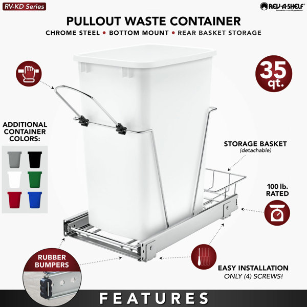 Hardware Resources Single 35-Quart Trash Bin Cabinet Pullout System - 1  Black Waste, Recycling Bins - Easy-Installation Black Ball-Bearing Garbage