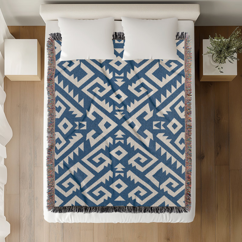 Jeté en mélange de coton Chitto South Western, L 80 po x l 60 po, Bleu / blanc cassé