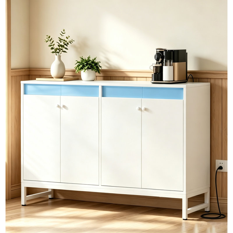 Buffet avec lumière DEL, tablettes réglables et prise de courant, Blanc
