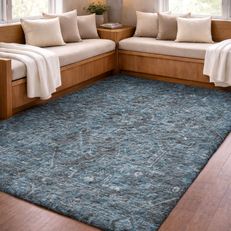 Tapis oriental à poils longs de qualité supérieure lavable à la machine ADS571, Navy, 8' x 10'