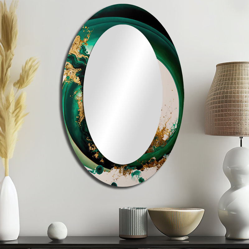 Pazley Emerald Green And Gold Abstract Waves II - Abstract Spirals Mirror, Green Decorative Wall Mirror, Printed Metal Art