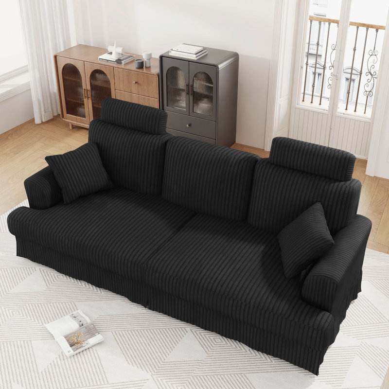 Modern 222cm Corduroy Recessed Arms Sofa With Removable Headrest, Black