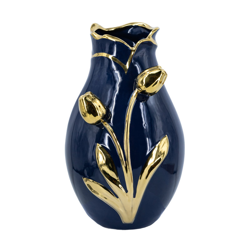 Navy Blue Ceramic Vase With Gold Tulip Design, 13.6" H x 7.9" W x 7.9" D