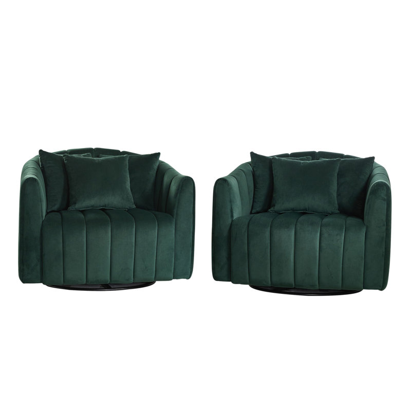 Upholstered Oversized 360° Swivel Accent Barrel Chair with 3 Pillows for Living Room, Green