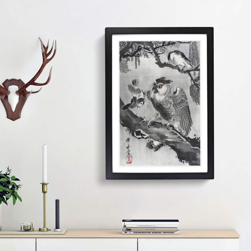 Birds with an Owl by Kawanabe Kyosai - Picture Frame Painting Print, 48cm H x 36cm W x 2cm D, Black Framed