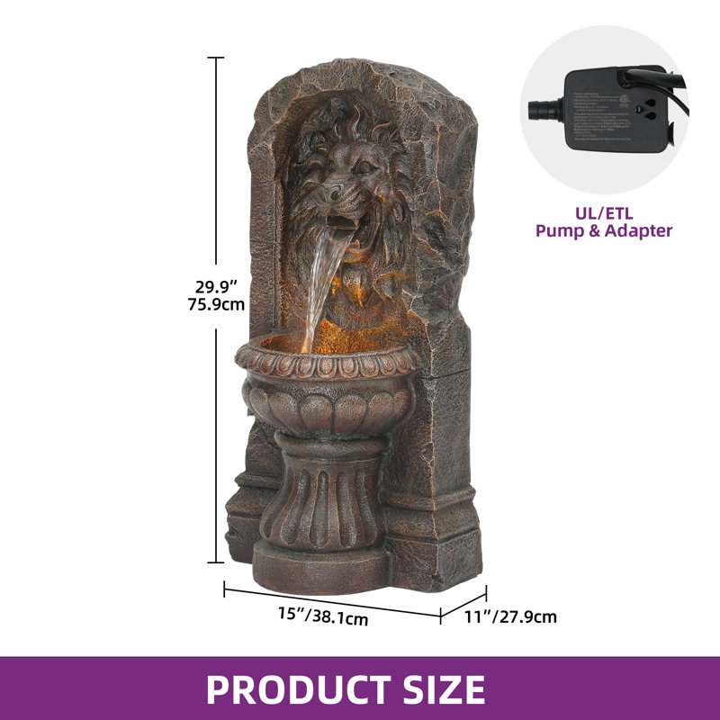 29.92" H Lion-Head Statue Outdoor Water Fountain with Lights