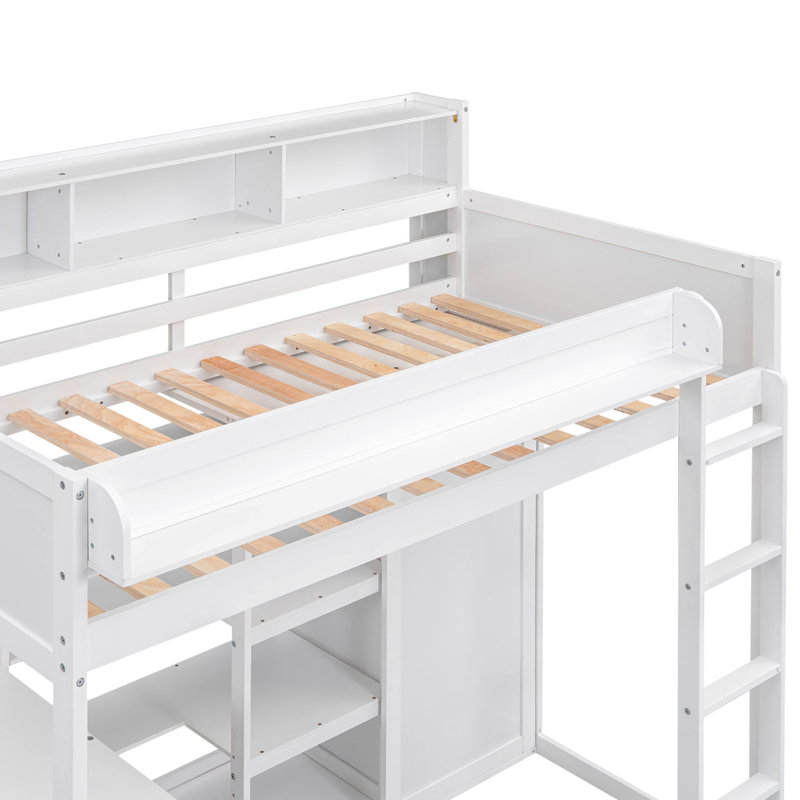 Lit mezzanine simple en bois avec 2 tablettes et garde-robe, Blanc