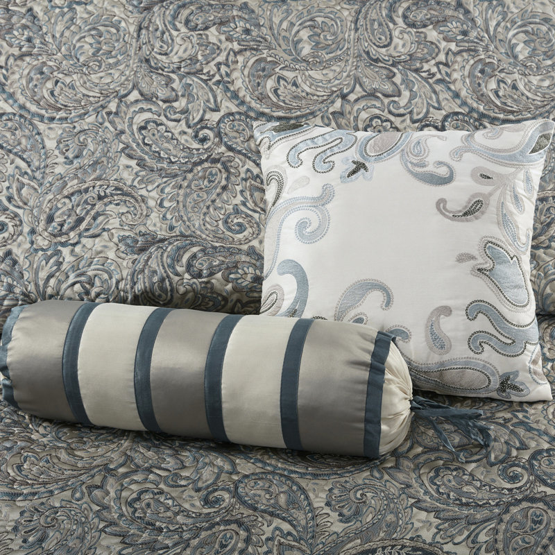 Couvre-lit très grand bleu sarcelle - 100%, revers en microfibre, rembourrage en coton, motif cachemire séduisant, textile lavable à la machine 5 pièces avec ornement