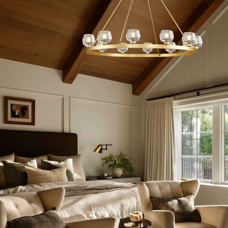 Grand lustre 12 roues de 48 po avec verre transparent, Doré