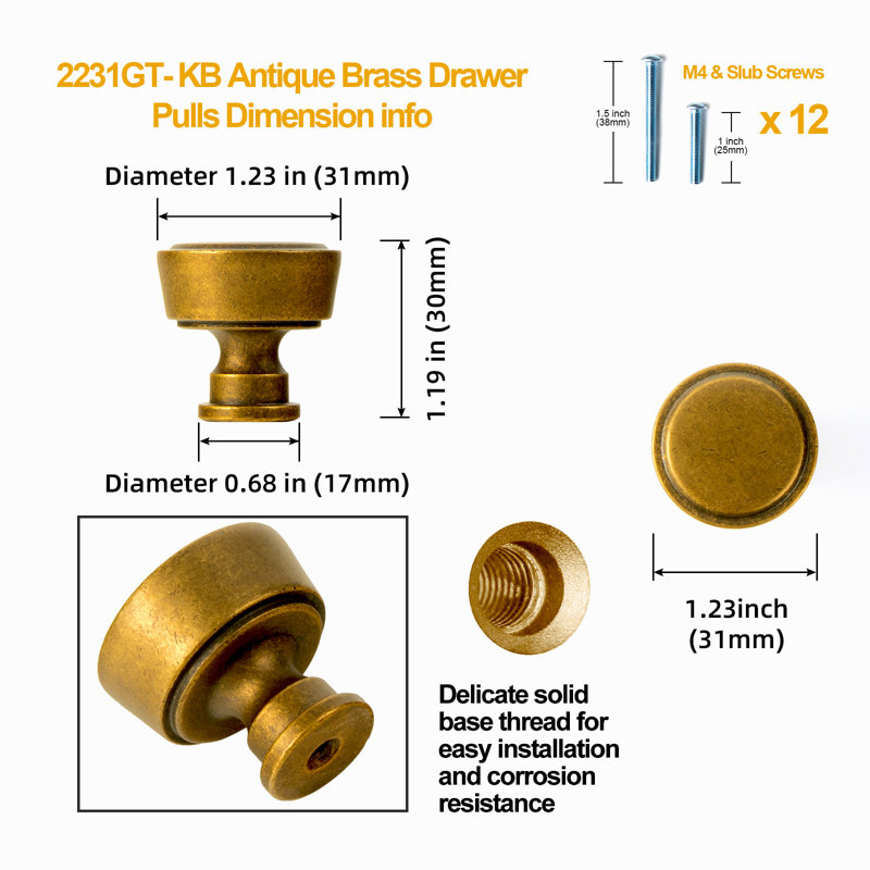 1.23" Diameter Mushroom Knob Multiple Pack, Antique Brass