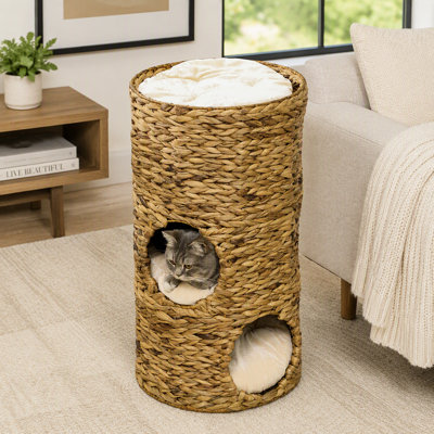 Lit surélevé pour chat PawHut avec trois cachettes et quatre coussins moelleux, niches pour chatons tissées à la main en plusieurs couches