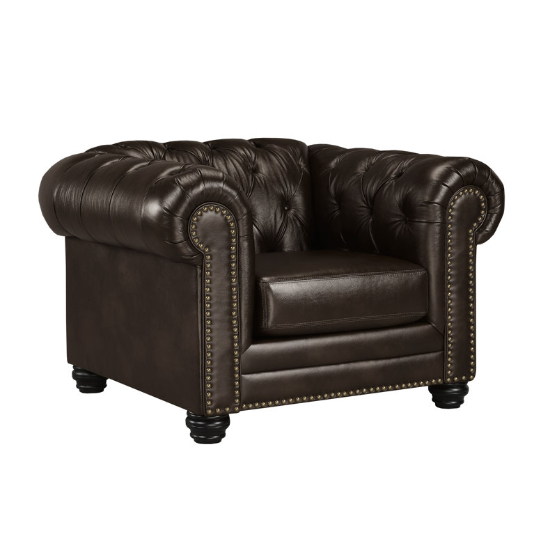  Fauteuil Chesterfield en cuir à accoudoirs roulés 48 po Ornellas, Cuir véritable espresso