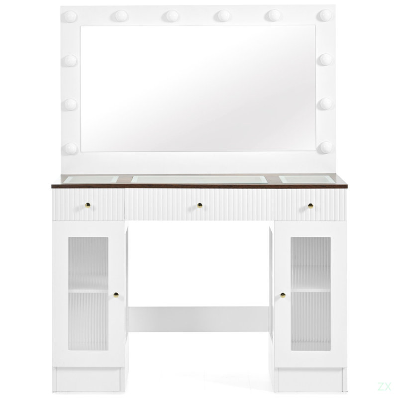 Meuble-lavabo 43,3 po avec grand miroir et ampoules Hollywood, meuble-lavabo moderne en verre avec tiroirs et prise de courant