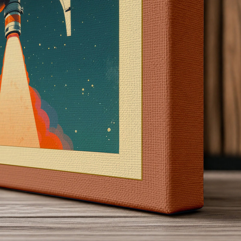 Rocket Launch Retro 1 Piece Wrapped Canvas Wall Art, 36x24 - 91.4 x 61.0 cm, Terracotta Border