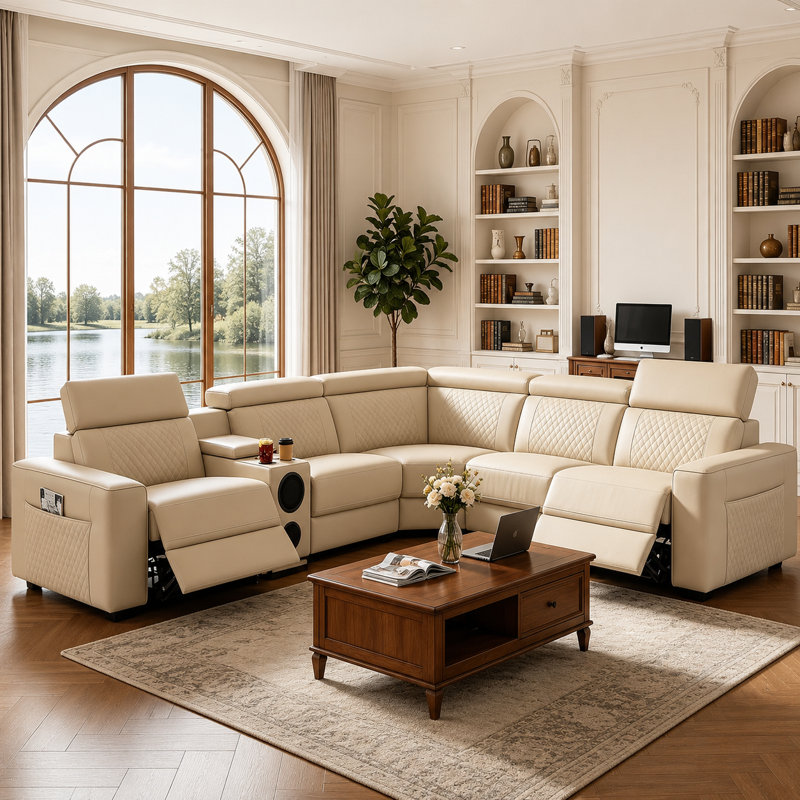 Canapé modulaire inclinable électrique en cuir 6 pièces de luxe avec appuis-tête réglables, console de rangement, haut-parleurs Bluetooth et éclairage DEL
