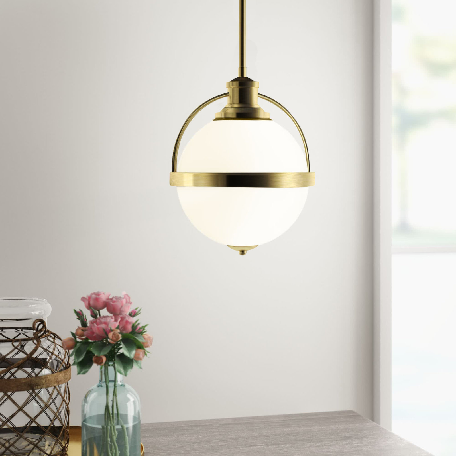 Reeves 1-Light Dimmable Globe Pendant , 16.5" H x 12.75" W x 12.75" D, Warm Brass