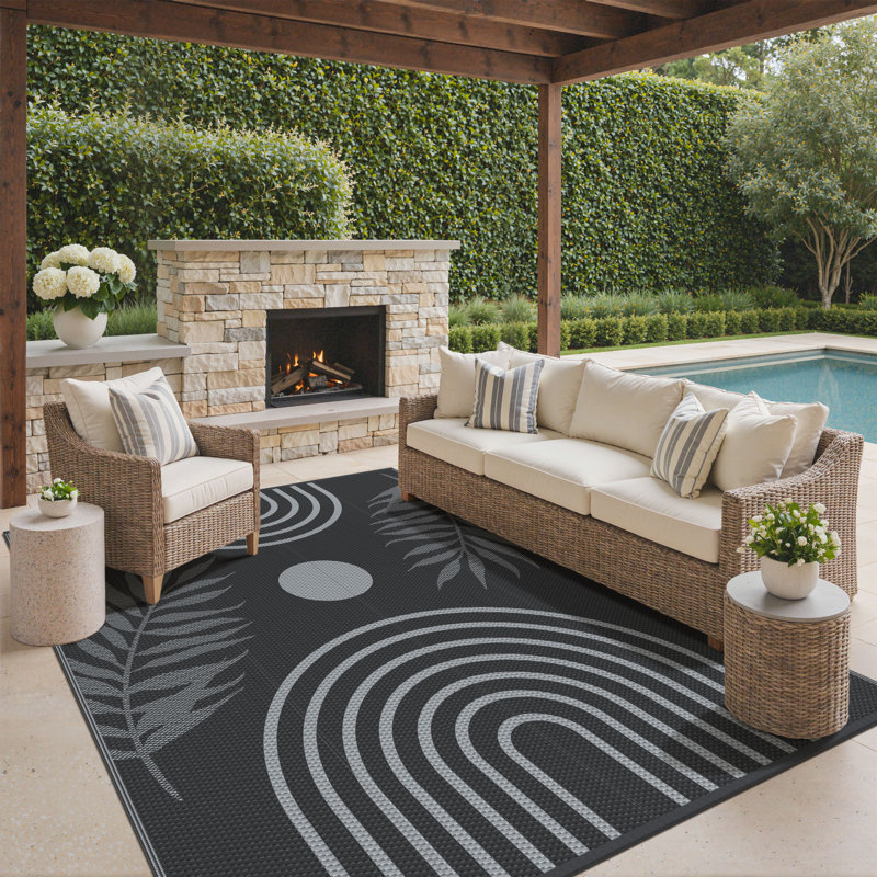 Tapis d'extérieur réversible, tapis d'extérieur imperméable en plastique, noir et beige, rectangulaire 2,44 m x 3,05 m