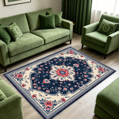 Tapis à motif floral bleu marine pour le salon, doux et confortable, convient à toutes les saisons, facile à entretenir, tapis de sol intérieur lavable à la machine, sous la table de ferme convenant à la chambre à coucher, à la salle à manger, au bureau, au patio, au balcon, à la décoration intérieure