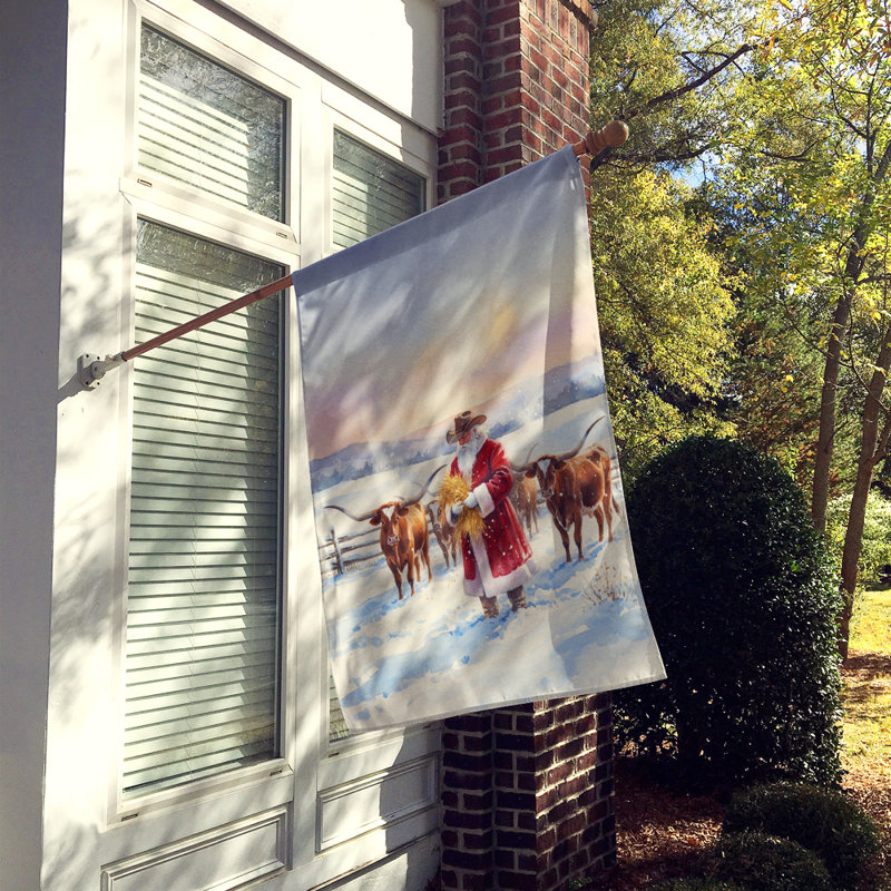 Père Noël nourrissant le drapeau de la maison de Noël Longhorns, House Size, Père Noël nourrissant les Longhorns