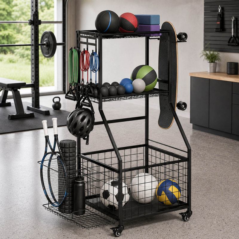 Organisateur d'équipement sportif à 3 niveaux, support de rangement pour balles à roulettes avec porte-raquettes et crochets réglables